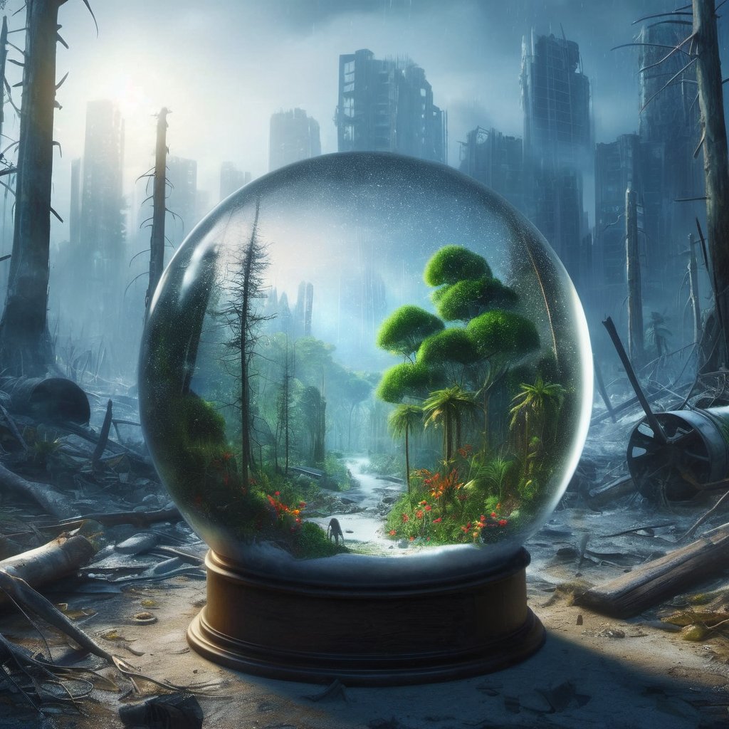 A photorealistic image of a beautiful rainforest, covered by a glass dome, in the middle of a destroyed dark apocalyptic world. The inside of the glass dome is flooded with golden light from an unknown source, while outside it looks darkly sad and creepy. Cinematic, photorealistic, high quality, 16K, hyper resoluton,