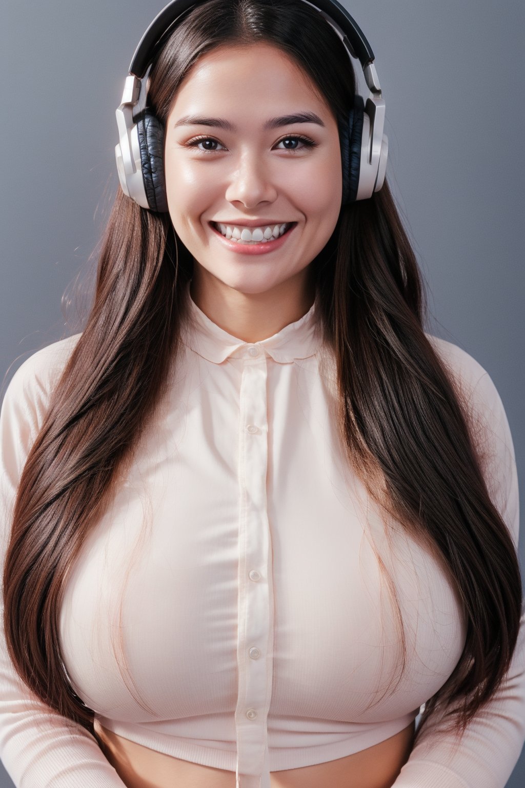 warm light room Beautiful woman with silver long hair against a grey background.over-the-ear headphones Smile,black tights top,Girl, smile, very happy