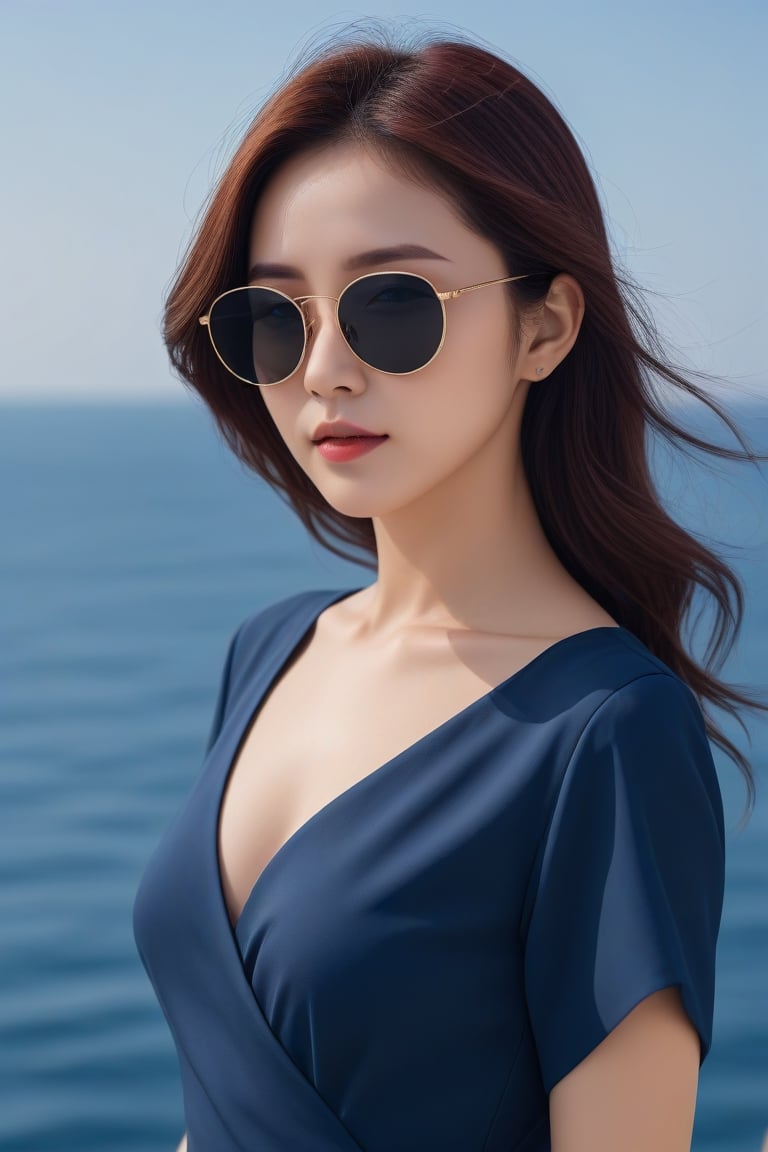 a woman wearing sunglasses posing in front of the ocean, in the style of dark gray and dark azure, curves, sandara tang, fine lines, delicate curves, traincore, paleocore, yuko tatsushima Anime,lora:659095807385103906:1.0,<lora:659095807385103906:1.0>