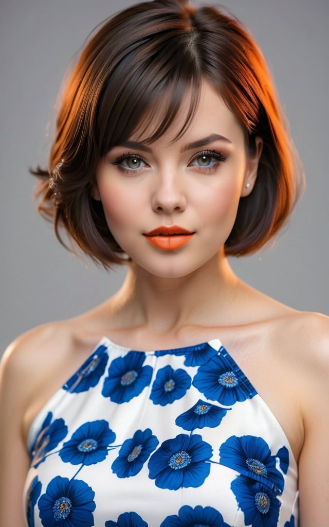 (best quality,4k,8k,highres,masterpiece:1.2),ultra-detailed,(realistic,photorealistic,photo-realistic:1.37), 1girl, solo, looking at viewer, short hair, bangs, black hair, blue dress, parted lips, (orange and white dress:1.2), professional photography