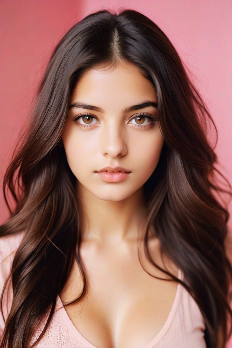 2016 Photo of a 16-year-old, mixed with Indian and White, Urban Outfitters model, with very long dark brown hair, hazel eyes, an alluring gaze, dynamic pose, pink background, mid-length shot, warm color tone, 35mm, shot on Kodak Ektar 100, realistic