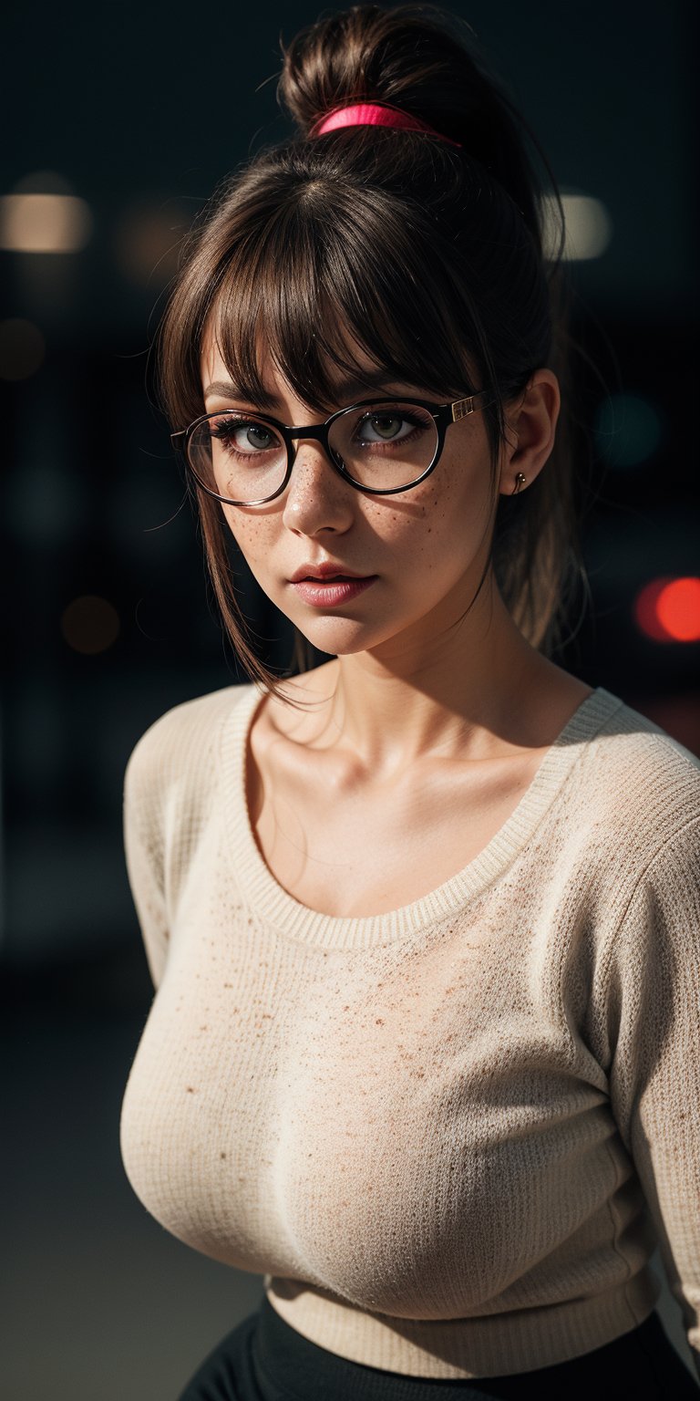 woman,wearing glasses,lights bokeh background,multi-color hair ponytail,swept bangs,white sweater,red undershirt,black yoga pants,elegant,beautiful,freckles,realistic,heterochromia,beautiful red eyes,up close,dark shadows,night background,neon hearts lights dark,chiaroscuro,low-key,