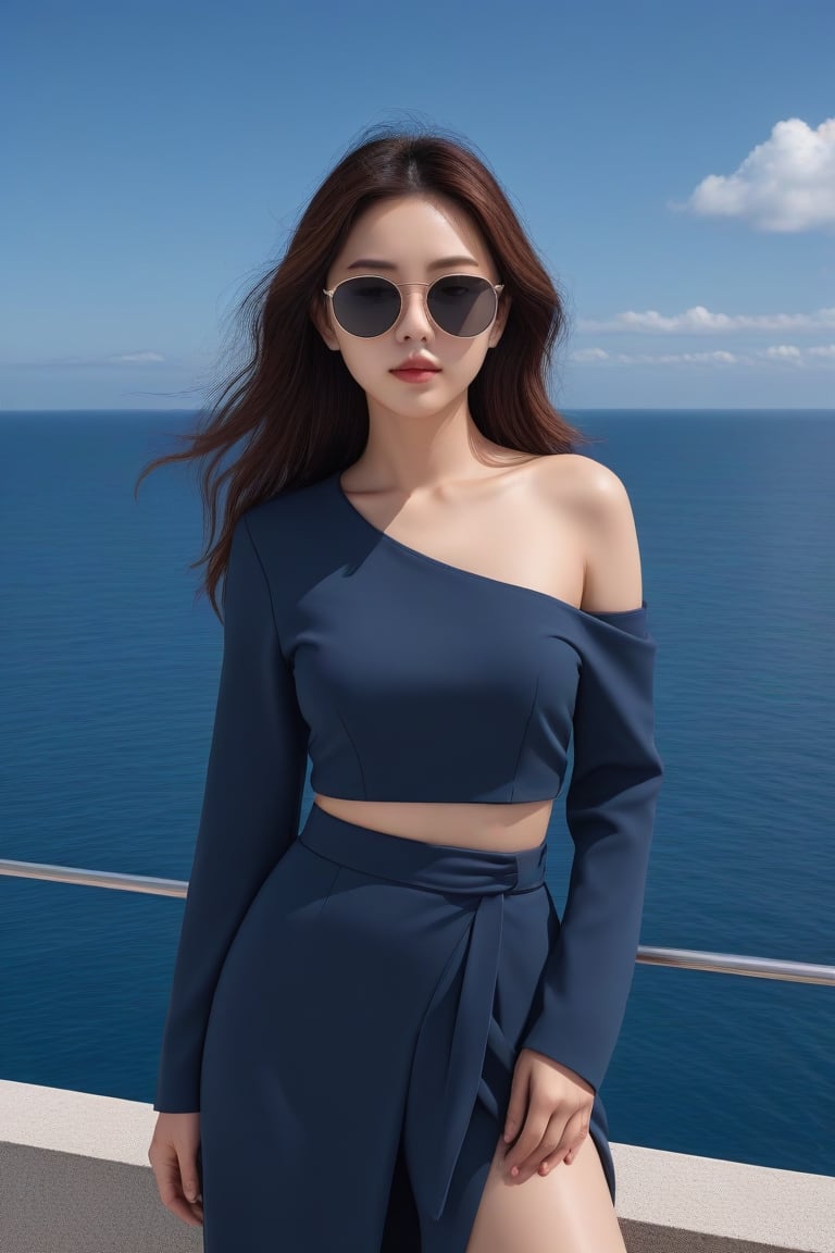 a woman wearing sunglasses posing in front of the ocean, in the style of dark gray and dark azure, curves, sandara tang, fine lines, delicate curves, traincore, paleocore, yuko tatsushima Anime,lora:659095807385103906:1.0,<lora:659095807385103906:1.0>