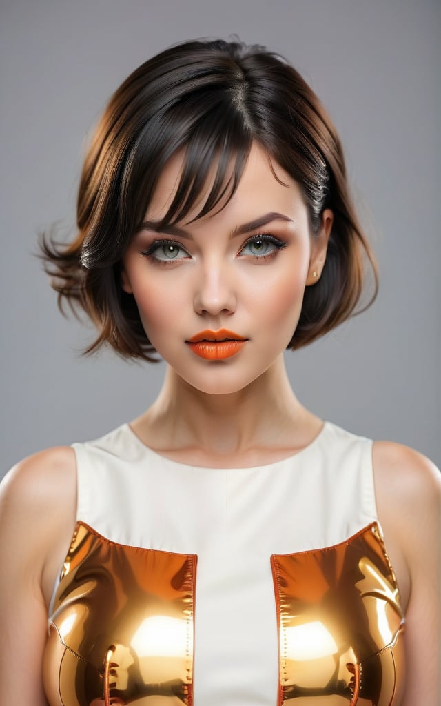 (best quality,4k,8k,highres,masterpiece:1.2),ultra-detailed,(realistic,photorealistic,photo-realistic:1.37), 1girl, solo, looking at viewer, short hair, bangs, black hair, gold dress, parted lips, (orange and white dress:1.2), professional photography