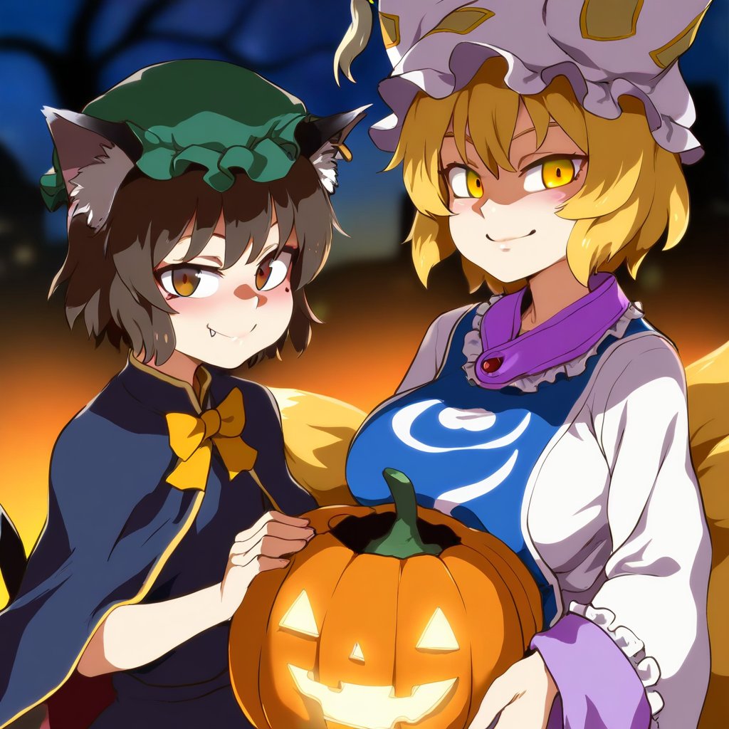 masterpiece, best quality, shiratsuki shiori, asanagi, jcm2, takemura sessyu, 2girls, yakumo ran, chen, touhou, halloween, alternate costume, halloween costume, adapted costume, jack-o'-lantern, looking at viewer, smile, outdoors, night