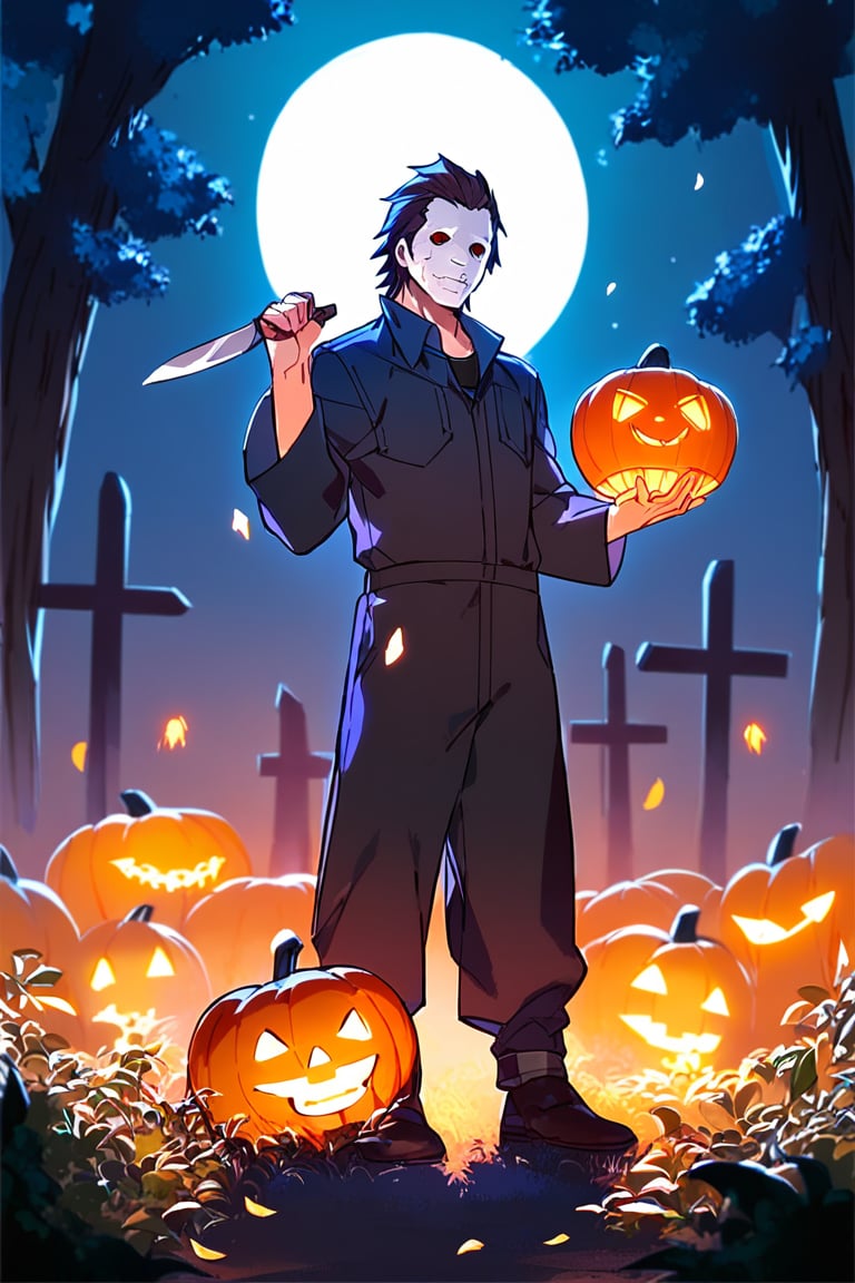 score_9, score_8_up, score_7_up, score_6_up, score_5_up, score_4_up, best quality, masterpiece, BREAK, 1boy,Michael Myers, black jumpsuit, jumpsuit, holding a kitchen knife, houses, pumpkins, fullmoon, leaves, full_body, raising a knife, holding a pumkin lantern, fog, outdoor detailed Halloween decoration graveyard at night background with fairy lights, full moon, 