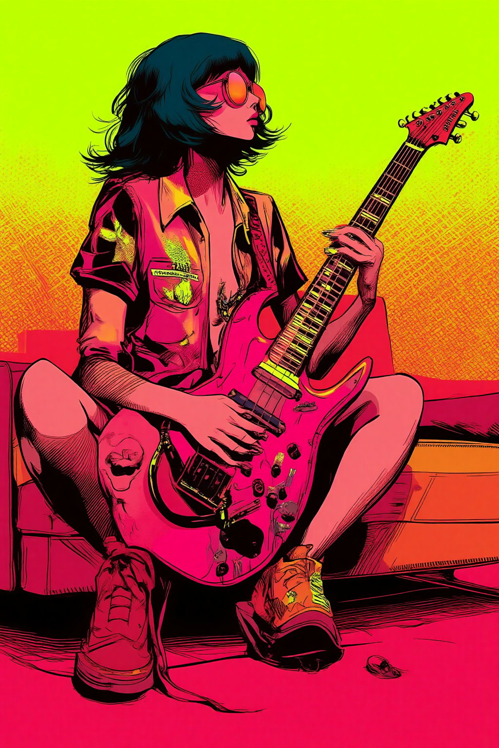 (Masterpiece of digital art, an 18-year-old girl, solo, she carries light brown large round sunglasses and plays an electric guitar, black hair (#0.7), the scene is a bright red sofa, the background is electric lemon green and Add pop-style big and small round dots on the background to increase visual dynamics, the girl steps on the sofa with one foot, reality, the first three buttons on the shirt are untied, exposed The soft side cleavag shows a slight side curve. His motion posture is more curvy because she plays a pink electric guitar. The edge of the electric guitar adds a soft halo effect to increase the sense of separation from the background. Her hands show a slight motion blur effect, creating a sense of dynamism when playing, The electric guitar has some neon-colored stickers, and metal accessories are added to her clothes. shoot at a slightly lower angle to improve the aura of the composition. The limbs and fingers of the body have perfect anatomical structure and perfect position.,PopArtKiko