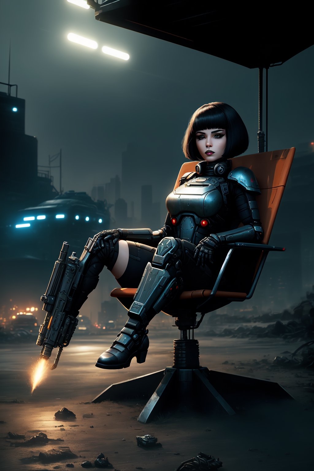 (Masterpiece: 1.2), (an individual), (eyes closed:1.2), （heavy gun:1.3),  full body, best quality, ultra-detailed, 8k, HDR, highres,（absurdres:1.2）, a mechanical robot-human hybrid woman, sits on a slowly descending metal flying chair,  (show legs), gothic woman head, bob haircut, short hair, makeup, parted lips, black lipstick, eyeliner, with a bob haircut with bangs, robot’s body and legs with a detailed anatomical mechanical view,  chair on a wasteland, hand with a heavy machine gun, facing forward, front view, from below, movie backlight, backlight, wasteland background, dark theme, sci-fi,