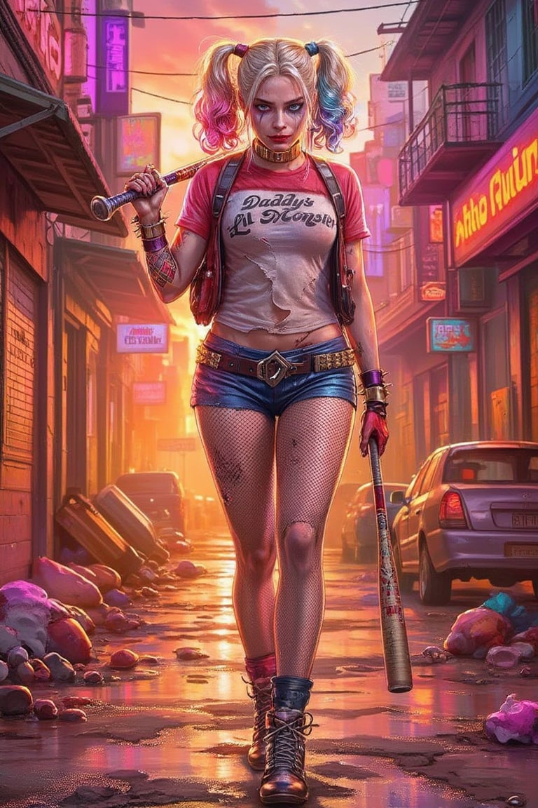 Harley Quinn poses confidently in a vibrant, gritty urban setting at sunset, with bold orange and purple hues casting an edgy glow. Her golden blonde hair, dyed pink and light blue, is tied in messy pigtails, with smudges of color on her face and clothes. Black and red eye makeup creates an asymmetrical look, as if she's been crying, with Joker-like red lips curved into a twisted smile. She wears tattered shorts, a ripped T-shirt reading Daddy's Lil Monster, and worn-out boots with loose laces and mud stains. A metal collar and spiked bracelet adorn her wrists, while fishnet stockings add to the edgy allure. ((Harley swings a baseball bat in one hand, strutting down the street with an exaggerated, playful gait, exuding a rebellious energy that defies conventions)). masterpiece, best quality, art station, (ultra-detailed, 8k, uhd), (kawaii background:1.3), (extremely detailed, fine touch:1.3), (beauty and aesthetics:1.3), fit physique, supermodel look,