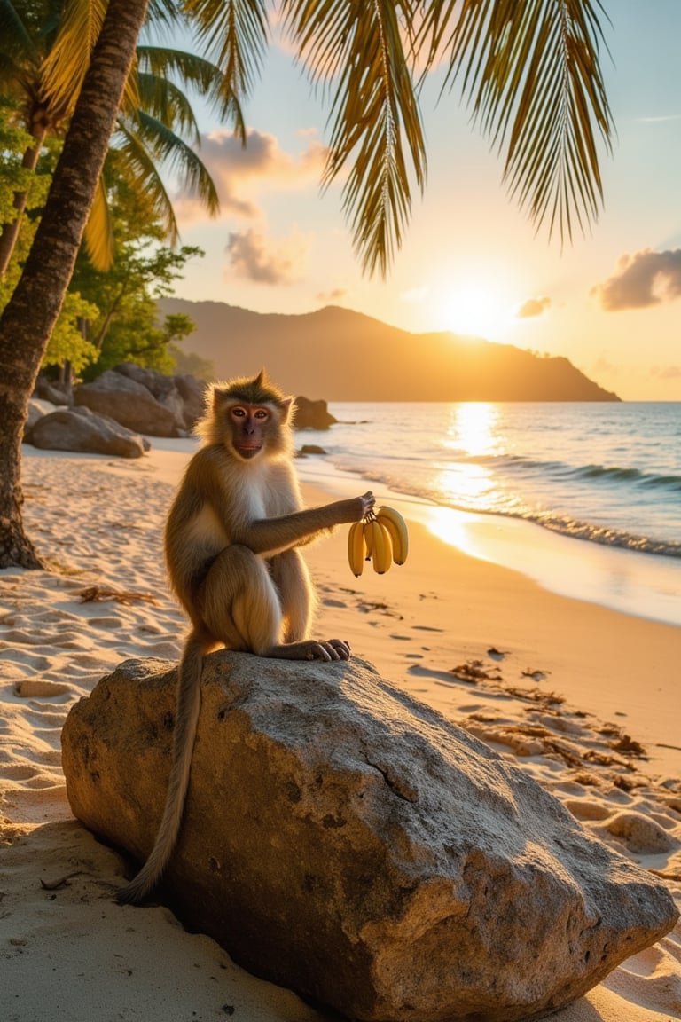 A vibrant beach scene in Thailand, golden sand stretching towards the horizon, clear turquoise waters lapping at the shore. A relaxed atmosphere with palm trees swaying gently in the breeze. A playful monkey is perched on a sun-drenched rock, holding a ripe banana in its paw. The sun is setting, casting warm orange and pink hues across the sky, illuminating the scene with soft, golden light. The composition is balanced, with the monkey in the foreground and the expansive beach and ocean in the background.