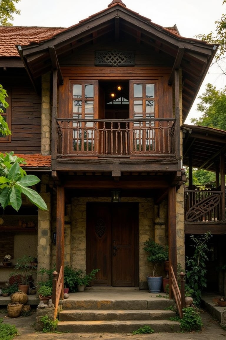 DSLR1.hanna-An old wooden kampung house in the village of Negeri Sembilan, with flat roof tiles and carved windows. A small balcony on the first floor features dark wood, iron window grills, and walls made from teak wood. Stone stairs lead to the second level, and a covered garden area lies behind the house. A wooden staircase leads up to an open space above the main building. The scene is bathed in warm, natural light, highlighting the intricate details of the wooden structure and the lush greenery surrounding the house. The composition captures the rustic charm and architectural beauty of the traditional Malay village home.