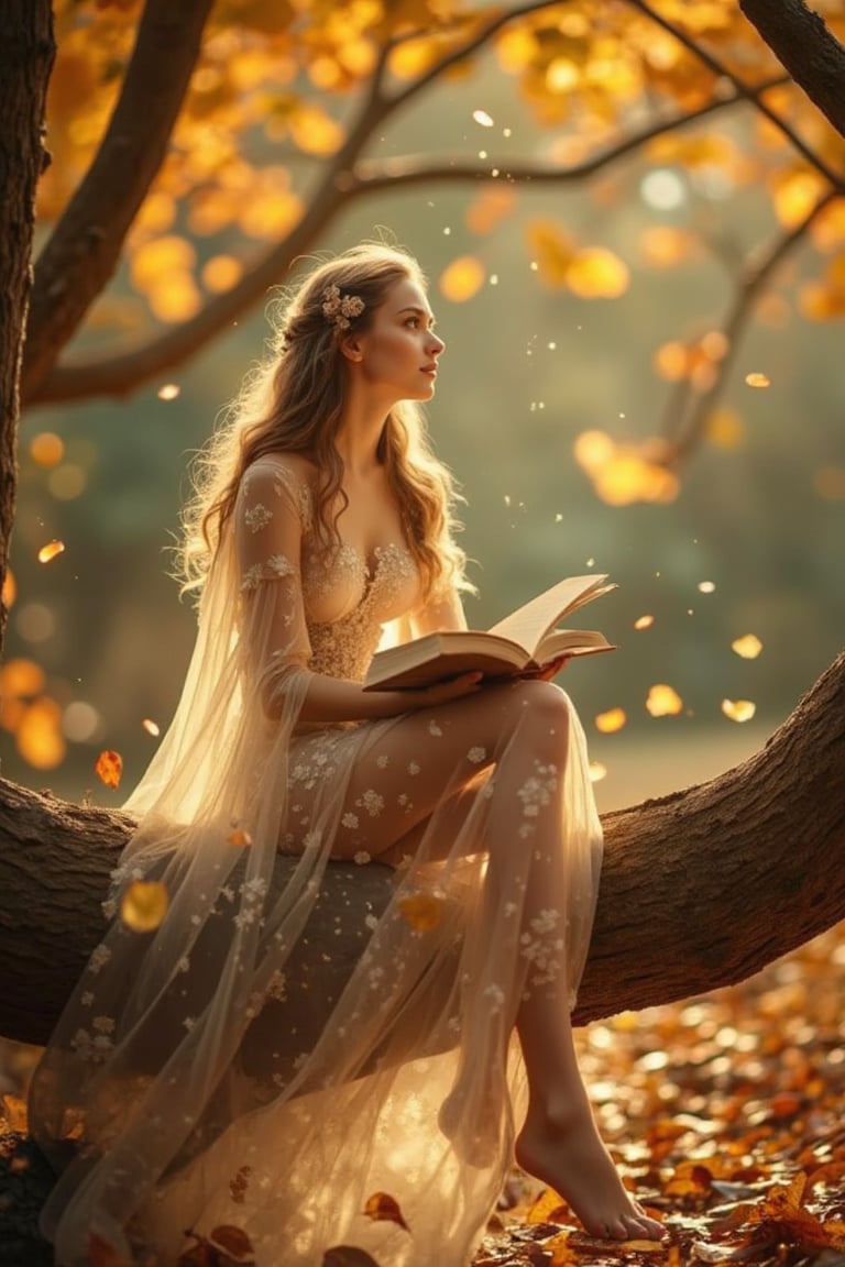 A midshot portrait of a young woman sitting on a tree branch in an autumnal setting. She wears a soft floral dress with flowing fabric, her long wavy hair falling over her shoulders. Holding an open book, she has an expression of wonder, gazing upwards. The ground is covered in autumn leaves, and the trees around her have vibrant golden and orange foliage. The serene, magical setting features soft, warm lighting filtering through the leaves, creating an enchanting atmosphere. The image has intricate details, focusing on fall colors and natural textures.