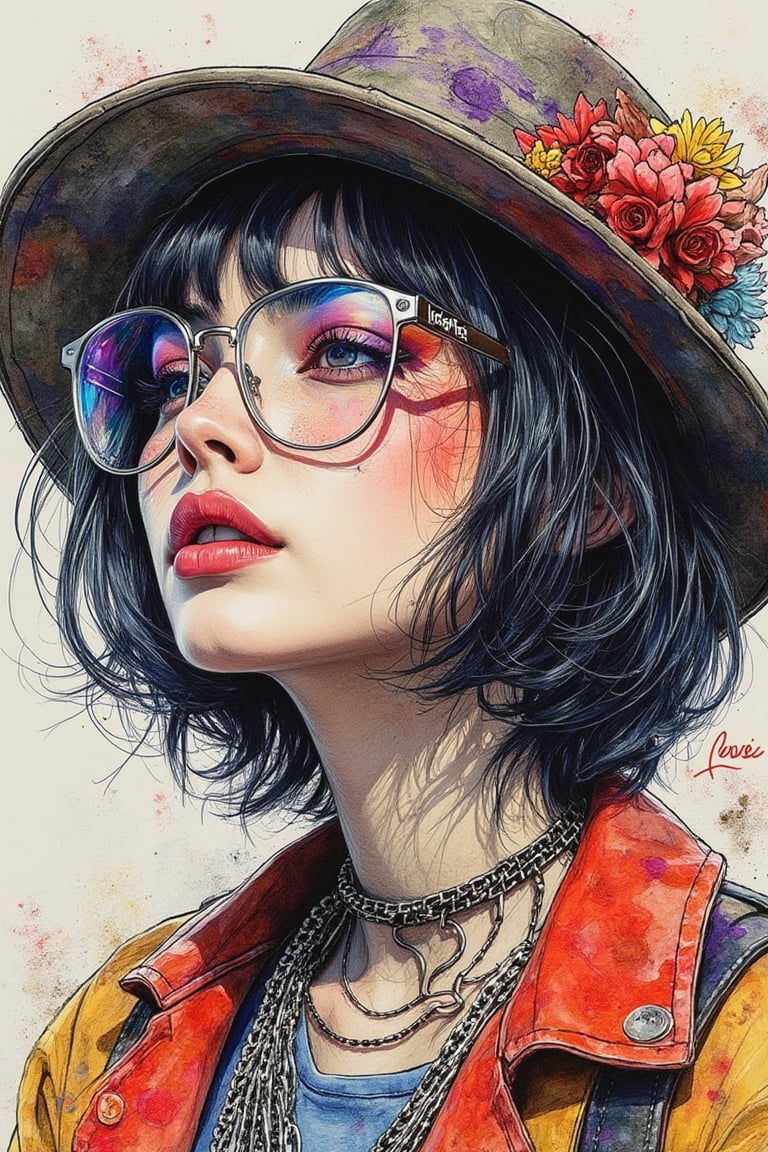 Akira Toriyama style, 8K quality watercolor painting, featuring the strongest beautiful girl of all time. She is Japanese, an idol with clear, stylish glasses and a fashionable hat. Her bob hair is colorful, and she has detailed clothing texture with skull fashion elements. The scene is vibrant with graffiti art, showcasing her lips in love. The composition is detailed and stylish, with HDR enhancing the highest quality and super detailed elements. The shot is framed to highlight her unique and powerful presence, capturing the essence of a masterpiece.