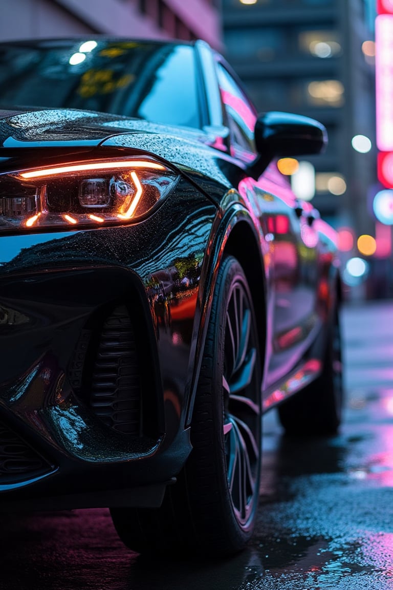 Ultra HD photography of Hanna capturing a stunning, close-up shot of an exclusive luxury car, parked in a sleek, modern urban setting. The car’s glossy finish reflects the neon city lights, emphasizing its elegant curves and high-end design. The polished rims gleam under the lights, adding a touch of sophistication and style. The background features a blurred, upscale cityscape, with lights twinkling in the distance, enhancing the luxurious ambiance. The overall composition exudes elegance and exclusivity, highlighting the car as a symbol of refined taste and high performance. The shot captures the essence of luxury and sophistication, with every detail rendered in ultra HD clarity, emphasizing the beauty of the car's design and the neon city lights.