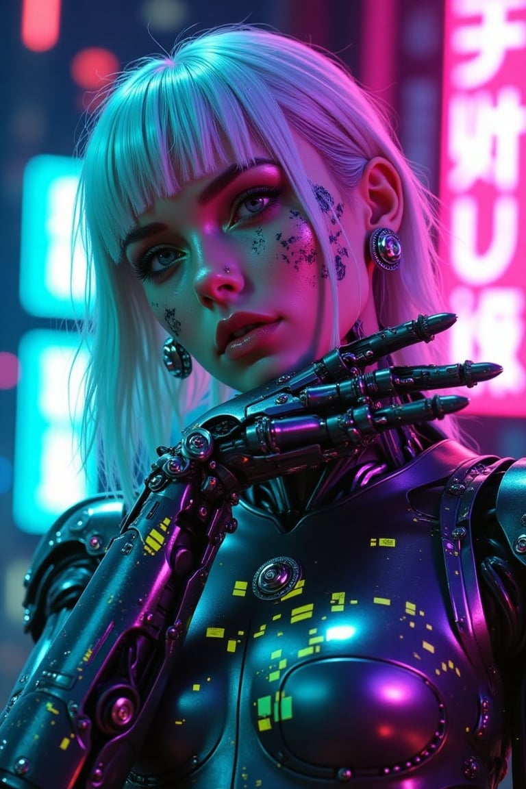 A striking cyberpunk portrait of a futuristic female android with neon-lit,  robotic enhancements. She has platinum hair,...