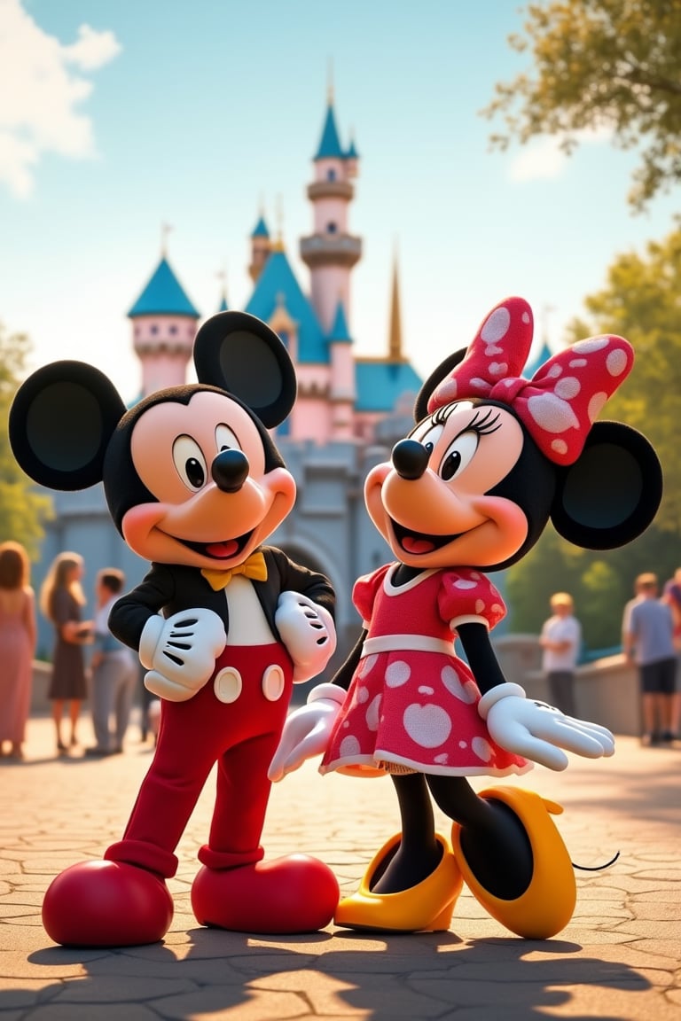 Pixar-style animation, Hanna-Barbera inspired, Mickey and Minnie Mouse happily posing joyfully in front of Disneyland, cute and stylish attire, vibrant colors, wide-angle shot capturing the iconic castle, soft golden sunlight, detailed expressions, playful and dynamic pose, whimsical atmosphere, bustling background with guests and attractions.