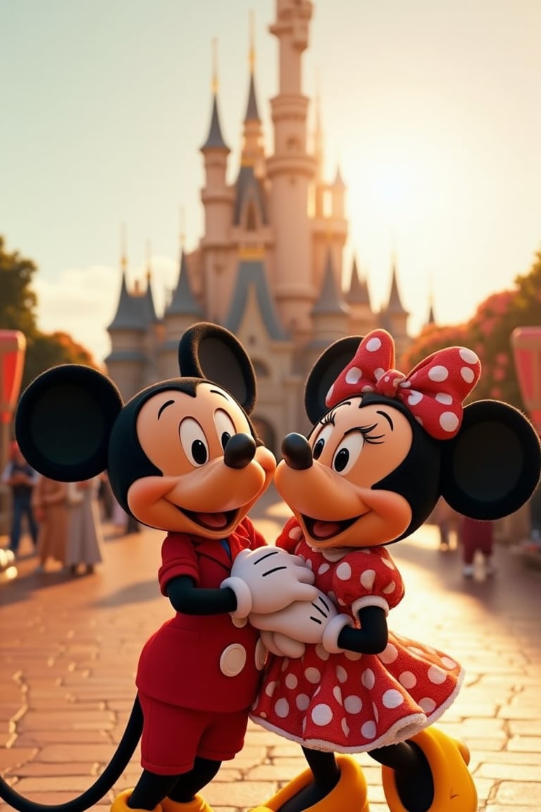 Pixar-style animation, Hanna-Barbera inspired, Mickey and Minnie Mouse happily posing joyfully in front of Disneyland, cute and stylish attire, vibrant colors, wide-angle shot capturing the iconic castle, soft golden sunlight, detailed expressions, playful and dynamic pose, whimsical atmosphere, bustling background with guests and attractions.