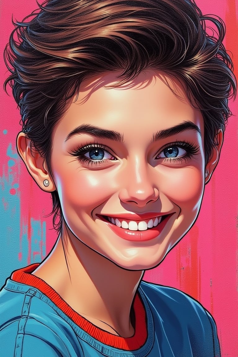 A street art style digital illustration of a macro close-up portrait of a beautiful woman with blue eyes, adorable with a nice smile, and pixie cut hair. The woman's features are vibrant and expressive, with bold lines and dynamic colors typical of street art. The composition captures her charming smile and striking blue eyes, creating a lively and engaging image.