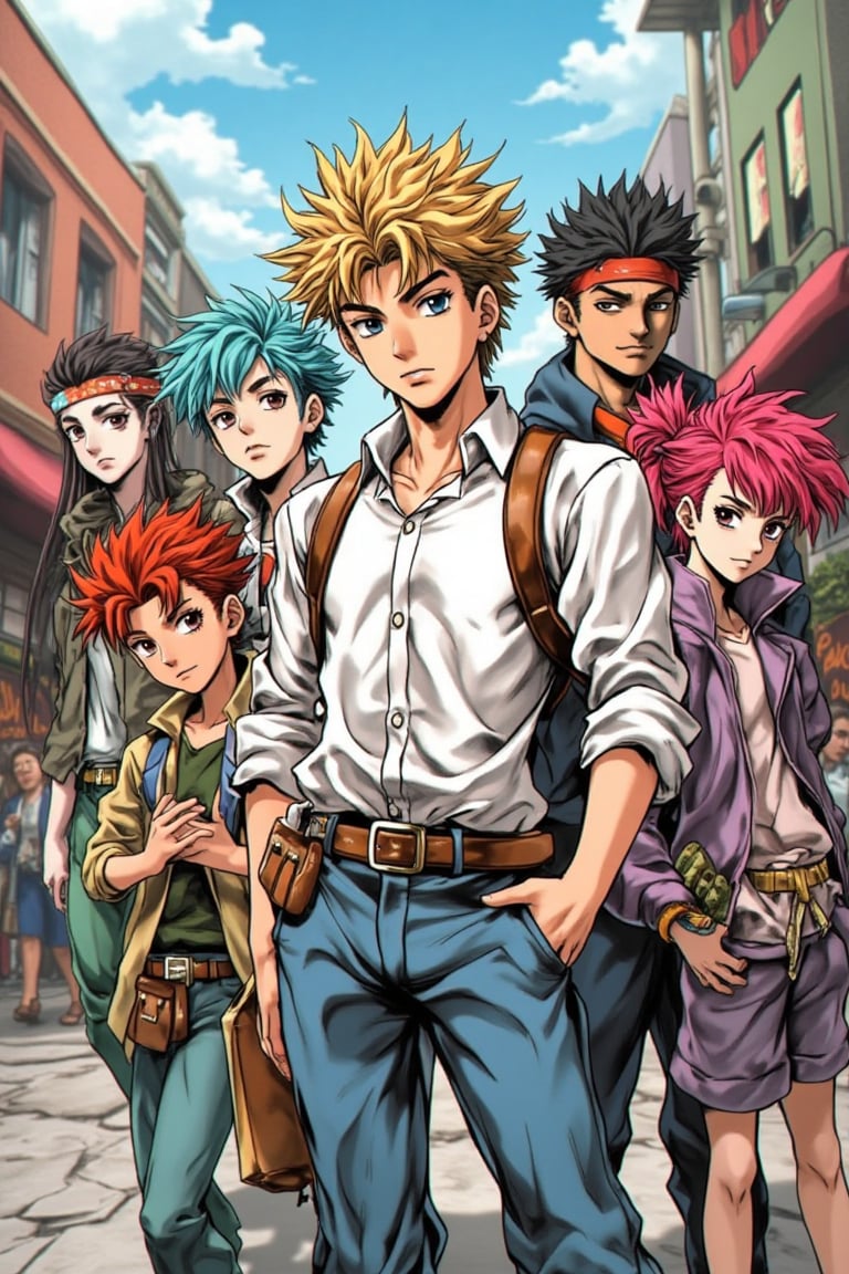 A vibrant anime-style illustration of six young adventurers in an urban street setting, each with distinct hairstyles and outfits. The main character, a tall young man with tousled blonde hair, stands confidently in the center, wearing a white button-down shirt, jeans, and a leather strap backpack. Surrounding him are friends with colorful hairstyles—blue, red, and black—each with unique casual clothing. The lively street setting features buildings and people in the background, with sunlight casting realistic shadows, enhancing the dynamic atmosphere.JojoArt.hanna