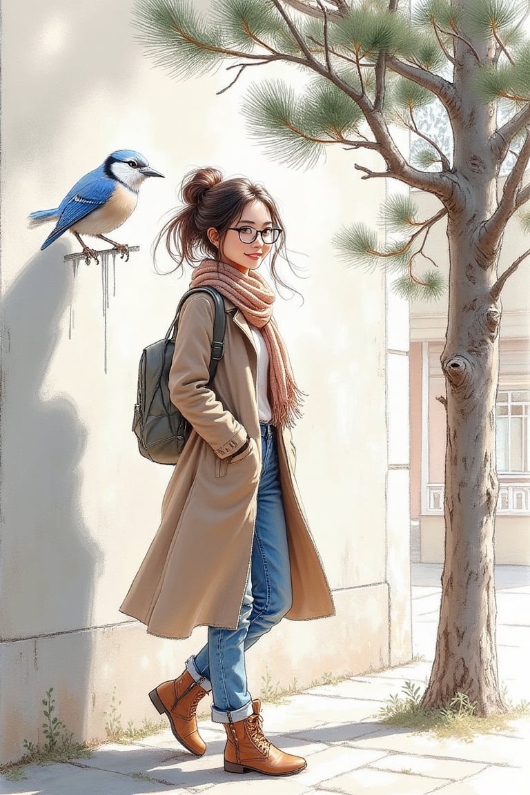 A 4D drawing sketch of a pretty Asian lady with a nice face and charming smile, wearing glasses, a scarf, longcoat, jeans, and boots. She stands dynamically with a shadow and linear perspective view, at the side of a graffiti baby blue bird stuck on a branch of a pine tree on a cement building.