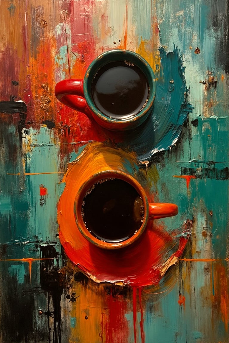 Abstract top-down view of two ceramic coffee cups on a richly textured, painted surface, one vibrant orange, the other deep teal green, filled with dark coffee, bold brushstrokes of teal, black, and hints of red on the table, cups’ reflections shimmering, cozy yet vibrant atmosphere, dramatic painterly background.