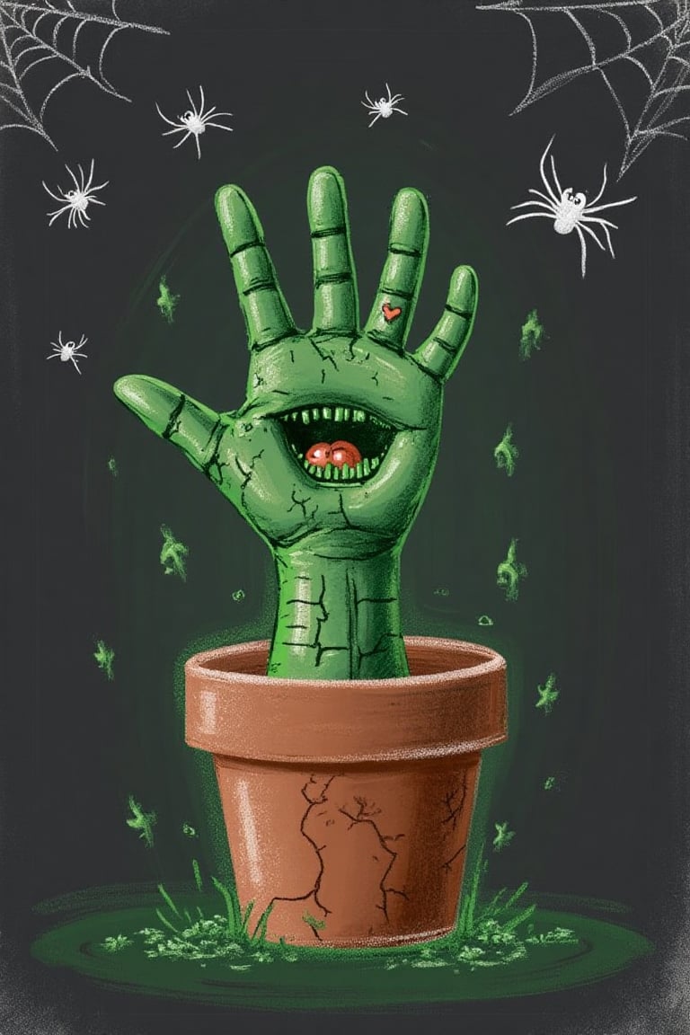 A centered, hand-drawn green chalk style depiction of a cute zombie hand emerging from a cracked terra cotta pot, set against a ghastly gray chalkboard background adorned with Halloween spiders. The composition is simple and focused, with the zombie hand and pot taking center stage, illuminated by the chalkboard's eerie glow.