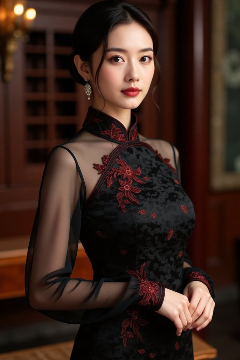 A stunning digital portrait of Hanna in a traditional black cheongsam, elegantly tailored with a high mandarin collar. The fabric is adorned with subtle floral patterns in deep red, woven into the black fabric, featuring long, sheer sleeves contrasting with the solid, richly textured body. Intricate red embroidery at the neckline and cuffs accentuates the elegance. Hanna's hair is styled in a simple updo, with loose strands framing her serene face. Soft, moody lighting casts gentle shadows, enhancing the red and black contrasts. The background is softly blurred with muted tones, focusing attention on the dress and Hanna's graceful expression.