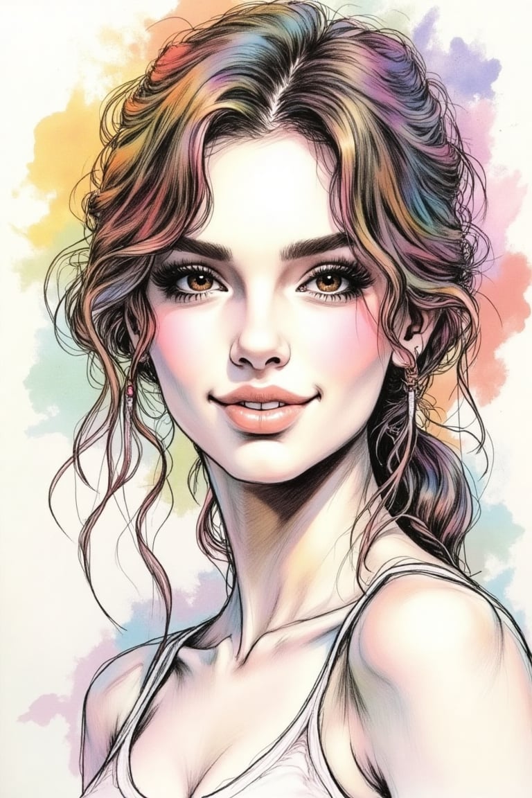 A pencil sketch portrait of a beautiful woman with a nicely smiling face, showcasing her dimples. The sketch is enhanced with gouache colors, adding vibrant hues to bring the portrait to life.