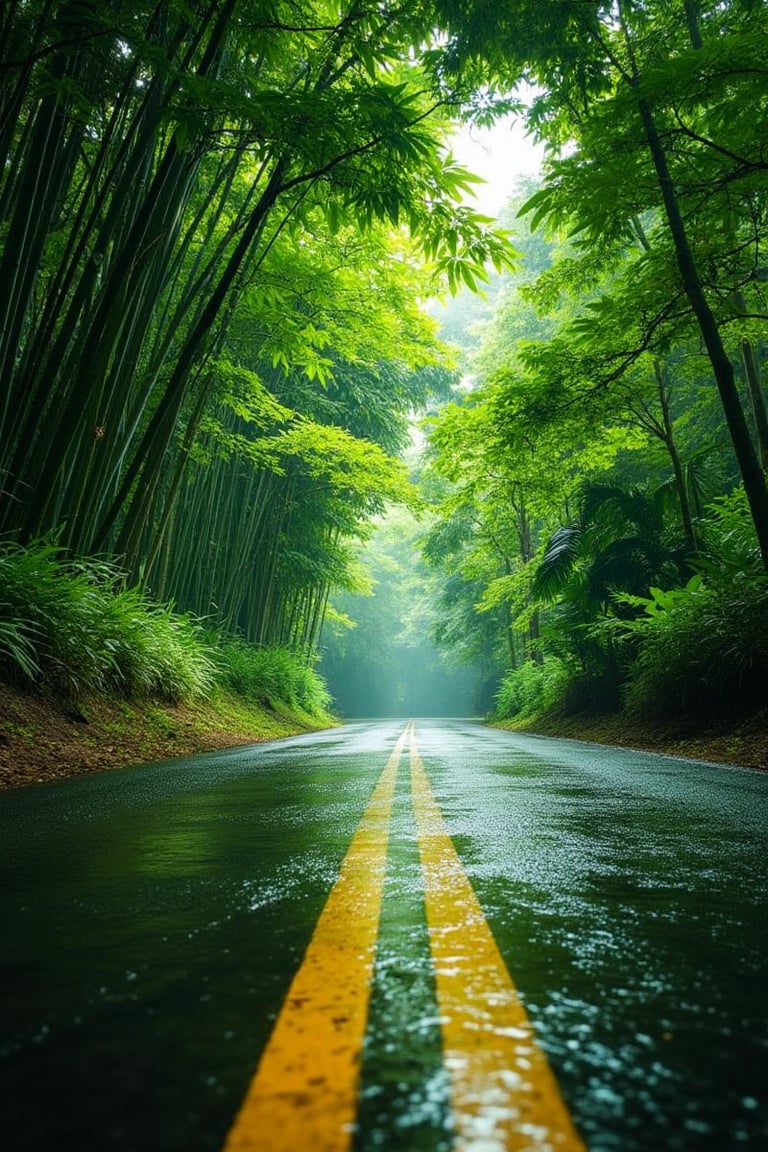 Ultra HD photography of Hanna capturing a rainy forest road with bamboo trees on both sides. The road has a yellow dividing line in the middle, and the surface is wet, reflecting the surrounding greenery. The bamboo trees are tall, their leaves creating a lush green canopy above. Raindrops can be seen on the road and trees, adding to the serene and misty atmosphere. The perspective is low, looking down the road as it stretches into the distance. The lighting is soft and diffused, enhancing the tranquil mood of the forest scene. The shot captures the essence of a serene, rainy forest road, with every detail rendered in ultra HD clarity, emphasizing the beauty of the wet road and lush bamboo trees.