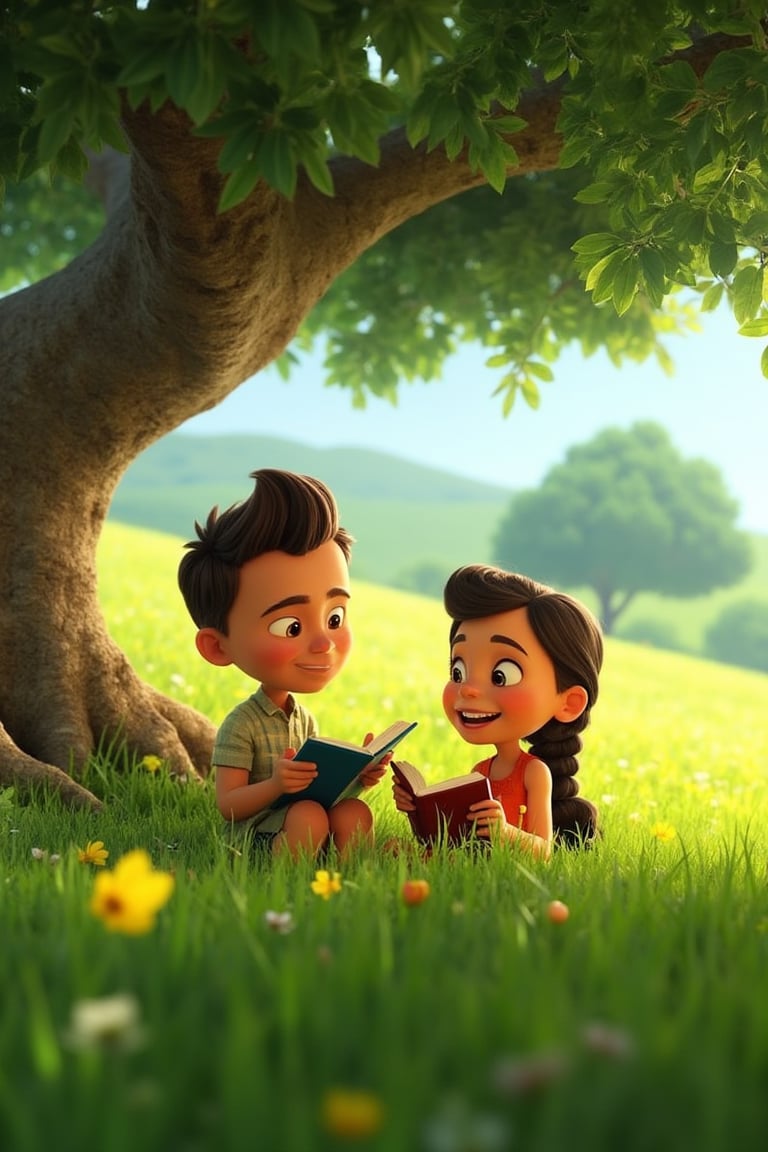 Pixar-style animation, Hanna-Barbera characters, a boy and girl sitting under a large tree, reading books, lush green fields in the background, vibrant colors, soft sunlight filtering through the leaves, close-up shot, detailed expressions, whimsical atmosphere, gentle breeze, idyllic setting.