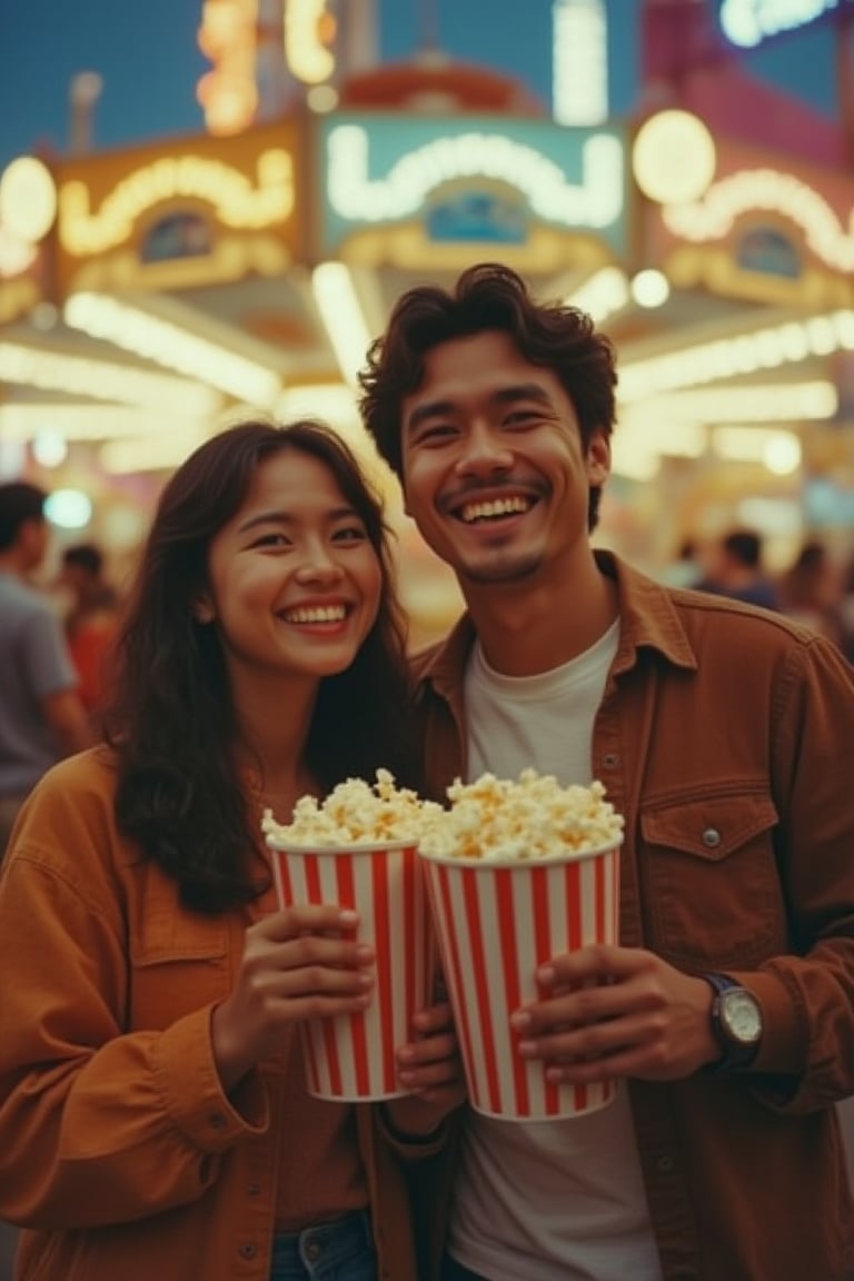 A vibrant 90's funfair scene featuring a happy man and woman, holding popcorn, surrounded by colorful lights and rides. The couple is smiling, with the woman leaning slightly towards the man, captured in a mid-shot with the funfair in the background. The lighting is warm and nostalgic, highlighting their joyful expressions and the lively atmosphere.