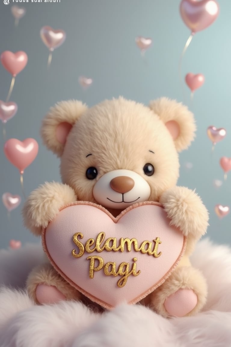 3D rendered image of a plush, cuddly beige teddy bear, portrayed as a baby, nestled comfortably on a cozy, heart-shaped fluffy pillow. The pillow is personalized with the name Selamat Pagi in a playful, golden, whimsical font. The bear's expression exudes happiness and contentment. The background is a soft, grey, lilac, and blue colored gradient, with iridescent heart-shaped bubbles floating around, creating a magical atmosphere. The overall ambiance is filled with affection, personalization, and a touch of whimsical charm. The shot is framed to highlight the bear's adorable and serene presence, surrounded by the enchanting and loving environment.