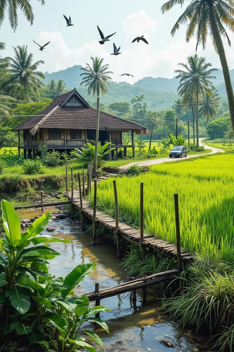 A scenic view of a rustic Malay village house surrounded by vibrant green rice fields. In the foreground, a wooden bridge crosses a small stream with clear water, lush tropical plants including banana trees and coconut palms. Birds fly in the sky above the landscape, a dirt road with power lines leads into the distance, a car driving away. The atmosphere is peaceful, soft lighting highlights the natural beauty of the rural setting, the environment feels lively and tranquil.