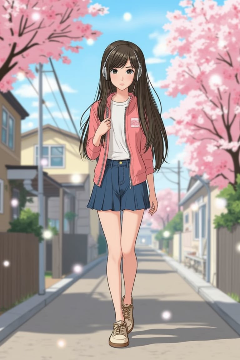 A serene Ghibli-style morning scene featuring a beautiful anime girl walking down a quiet street. She is listening to music with headphones, her expression calm and content. The street is lined with pastel-colored houses, cherry blossoms gently falling in the soft morning light. The composition is balanced, with the girl in the center, framed by the peaceful surroundings.