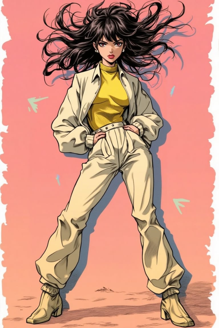 A vintage sticker of a full-body portrait in Japanese retro anime style, featuring a top model with wild hair, exuding confidence. She stands in a dynamic pose, set against a soft pink and yellow palette, with lighting reflections and shadows adding depth. Her gaze is intense, dressed in stylish, minimalist clothing with bold lipstick and eyeliner. The minimalist background ensures focus on her captivating presence, emphasizing her confident pose, wild hair, and dramatic light and shadow interplay.JojoArt.hanna