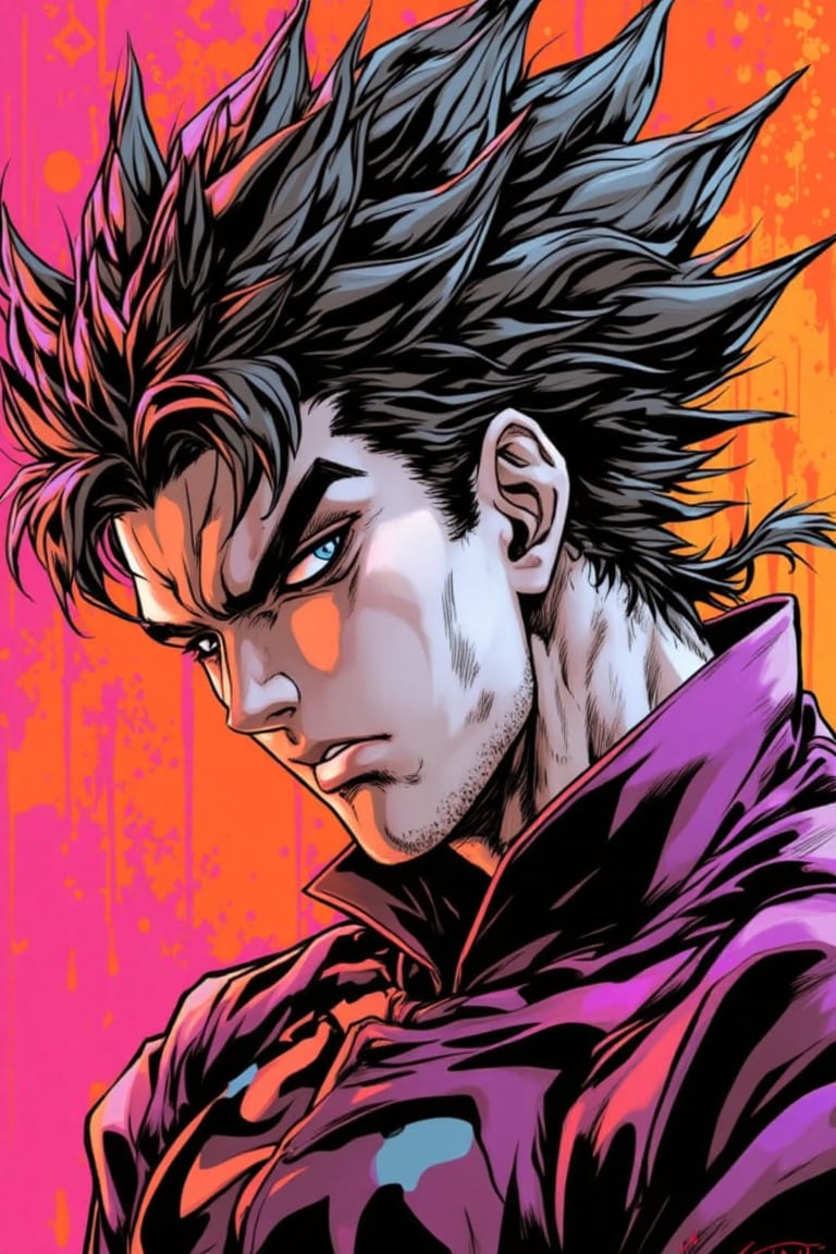 A smirking anime character in profile, exuding mockery and attitude, depicted in a vibrant digital painting. Sharp features, exaggerated expressions, and unique hairstyle contribute to his compelling presence. Expert shading and lighting enhance the three-dimensional quality, capturing the essence of a confident, mischievous protagonist.JojoArt.hanna