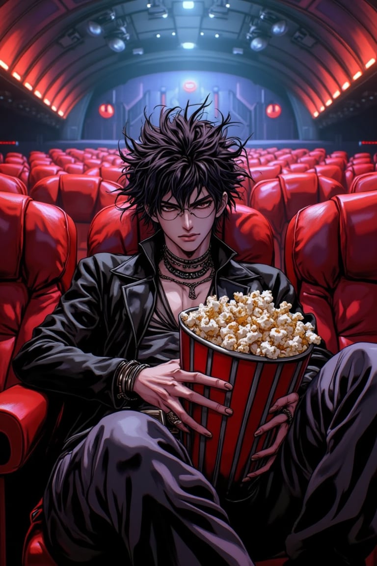 An anime character with a modern, edgy look, sitting relaxed in a luxurious cinema seat, holding a large bucket of popcorn. Messy, tousled hair, a cool expression, and a black leather jacket exude a rebellious vibe. The vast cinema features rows of plush red leather seats, illuminated by dim, atmospheric lighting. The futuristic, grand ceiling casts a soft glow, creating a cinematic ambiance. The character is positioned in the center, with dramatic lighting emphasizing their face and relaxed posture, blending realism with an anime aesthetic in a detailed, hyper-realistic style.JojoArt.hanna