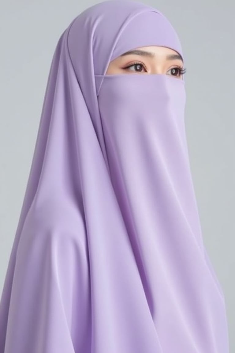 A beautiful young Malay woman, Muslimah Hanna, wearing a lavender abaya with a minimalist, elegant design. The abaya is long and flowing, with no patterns, emphasizing simplicity and grace. She is also wearing a matching niqab that covers her entire face except for her expressive eyes, framed by delicate folds of fabric. The niqab drapes softly over her shoulders, complementing the abaya, highlighting modesty, elegance, and traditional beauty in a serene and understated style. The background is plain and neutral, framed in a close-up to ensure the focus remains on her attire and eyes.