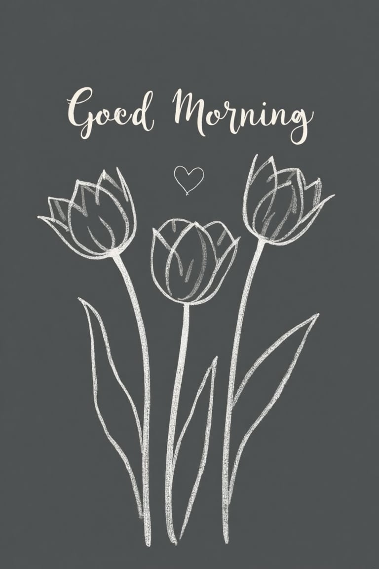 A centered, minimalist chalkboard art featuring an outline drawing of tulips rendered in soft white chalk strokes. Above the tulips, the words Good Morning are written in elegant, hand-drawn lettering, accompanied by a simple, minimalist heart outline. The design is clean and minimalist, focusing on the soft floral lines and welcoming message, set against a ghastly gray chalkboard background, adding a nostalgic and handcrafted feel.