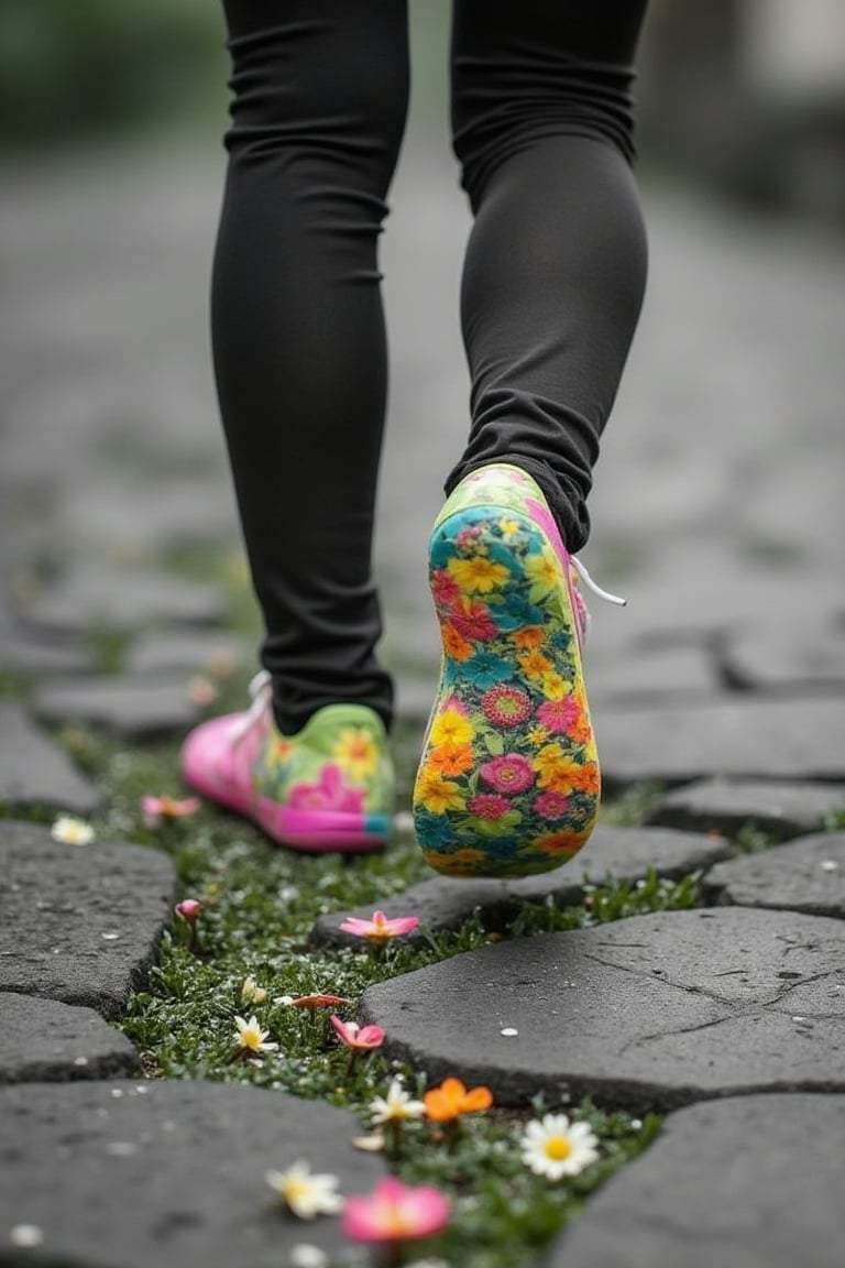 DSLR1.hanna-A surreal and vibrant scene featuring a person walking through a monochrome alley, with the soles of their shoes decorated with colorful floral patterns. With each step, vivid flowers—pink, yellow, and green—bloom and sprout from cracks in the pavement, bringing bursts of life to the gray environment. The shoes leave behind a trail of petals and greenery, symbolizing creativity and transformation. The background is blurred in grayscale, enhancing the contrast between the colorful shoes, blooming flowers, and the dull surroundings. The composition evokes a sense of magic, growth, and positivity emerging from even the most unexpected places.