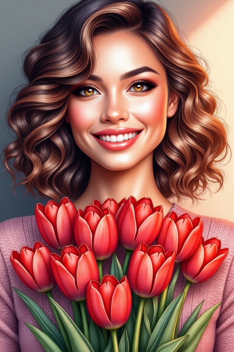 Portrait of a beautiful woman holding a bouquet of red tulips,  smiling nicely,  depicted in AnnRin's 5D color pencil styl...