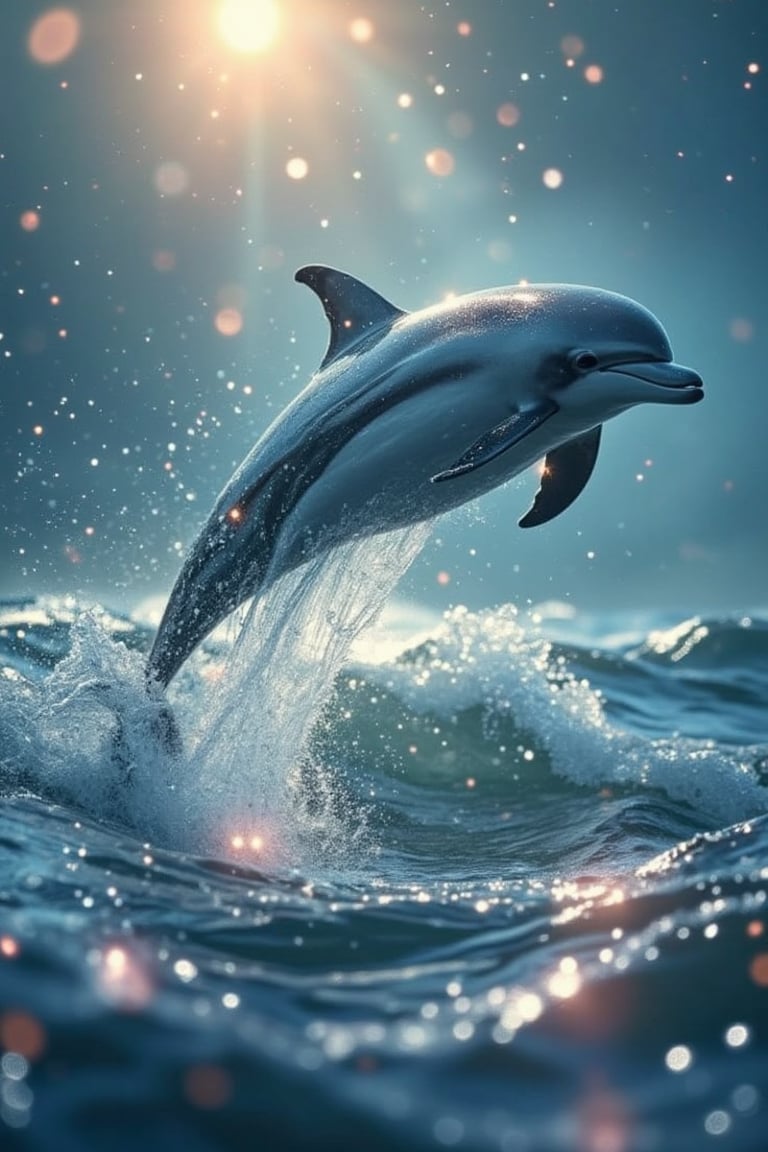 A breathtaking scene of a dolphin mid-jump, floating in the air after leaping gracefully from the ocean. Surrounded by sparkling water droplets suspended in the air, catching light and glowing softly. Sunlight reflects off the dolphin’s sleek, wet body, creating a radiant glow. Below, the ocean ripples with soft waves, and the dolphin soars through a glowing, sparkling atmosphere. Gentle light rays and ethereal sparkles add to the surreal, magical moment, capturing a sense of wonder and awe as the dolphin defies gravity.