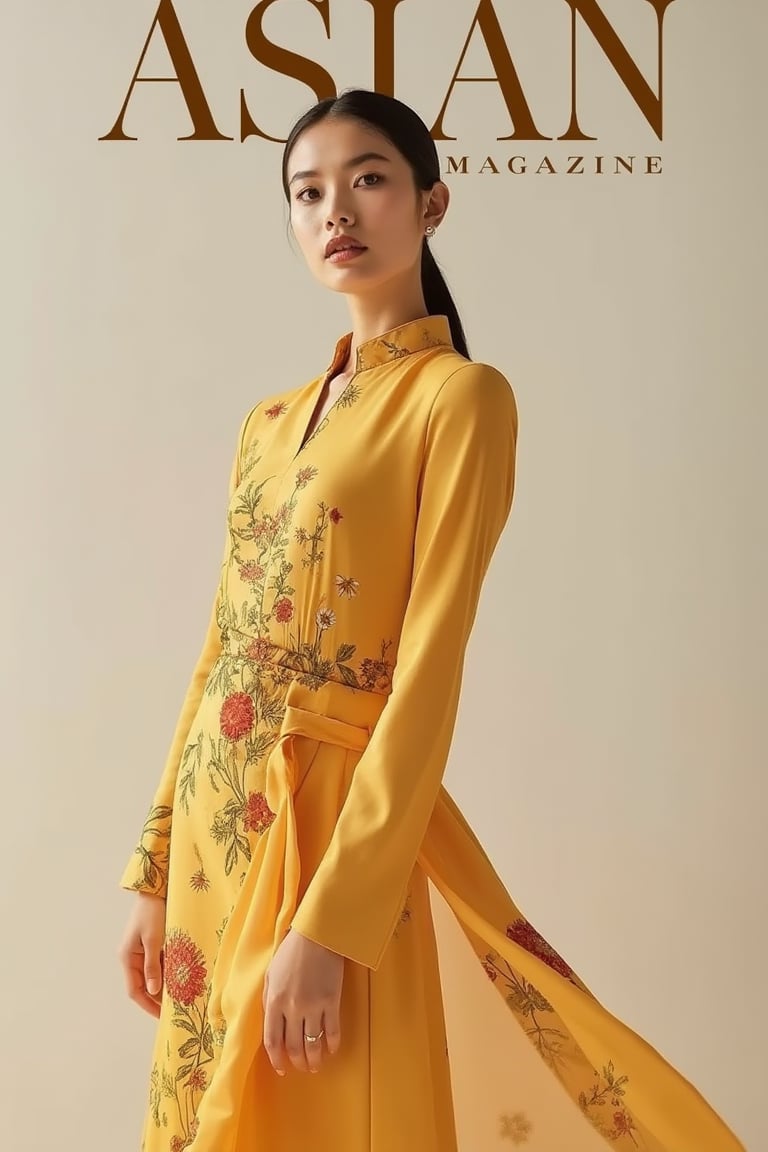 Magazine cover featuring Hanna, a beautiful woman in a stunning mustard baju kurung with printed floral patterns. The design embodies minimalist, simple elegance and luxurious style, perfectly capturing the essence for the ASIAN magazine cover. Shot in a high-fashion studio, with soft, natural lighting highlighting her graceful pose. The background is clean and sophisticated, emphasizing her timeless beauty and the intricate details of the baju kurung. Typography is accurately spelled in a simple yet luxurious font.