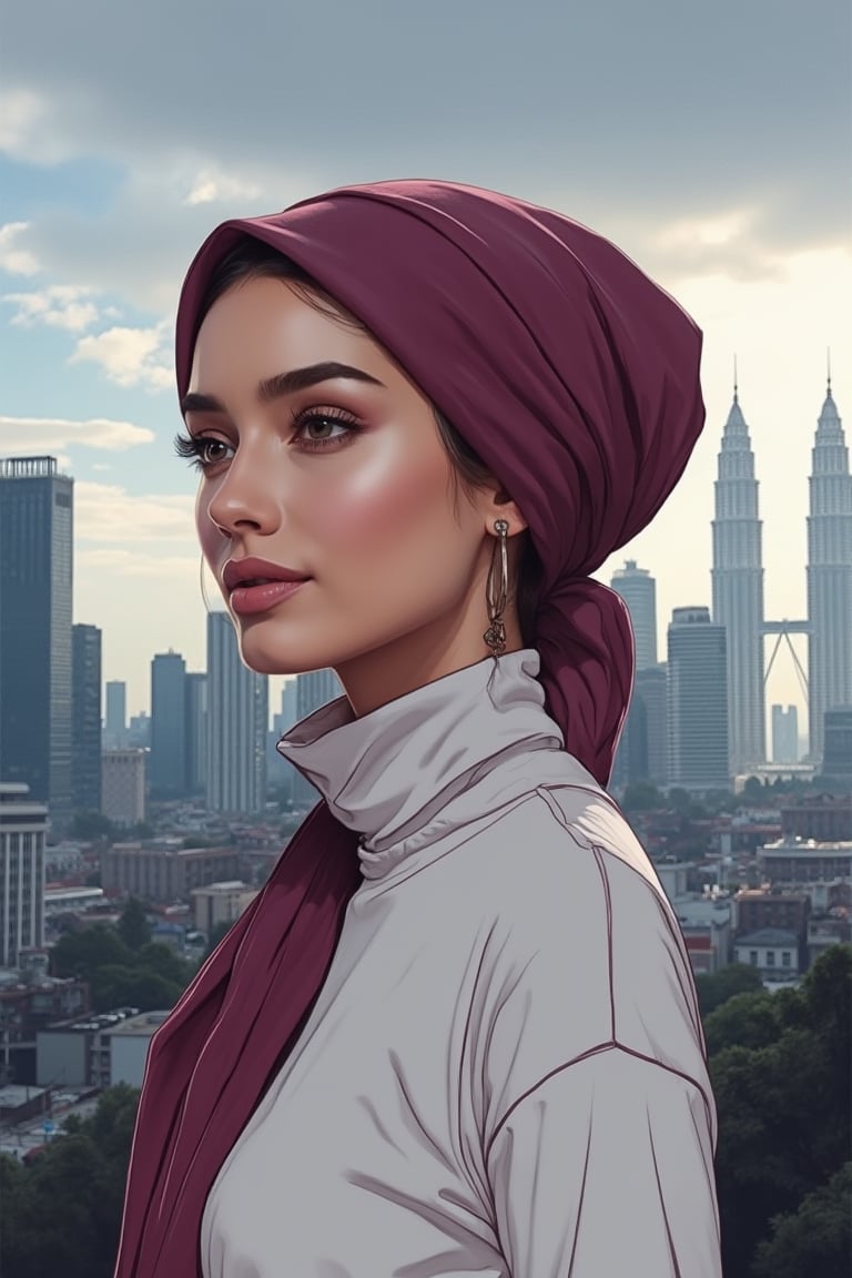 AniReal portrait illustration, a cute animated beauty woman captured in a side profile with a cityscape in the background. She wears a burgundy hijab wrapped around her head and shoulders in a neat and stylish manner, and a white turtleneck sweatshirt. Her makeup is subtle, emphasizing her eyes and mauve lips. The city behind her features modern skyscrapers and older buildings, with the Petronas Twin Towers prominently visible. The sky is partly cloudy, casting a soft light over the scene at night. The overall color palette is muted, with whites, grays, and blues dominating the image. The background is realistic and detailed, creating a harmonious blend of modern and traditional elements. The shot is framed to highlight her elegant and serene presence amidst the bustling city at night.