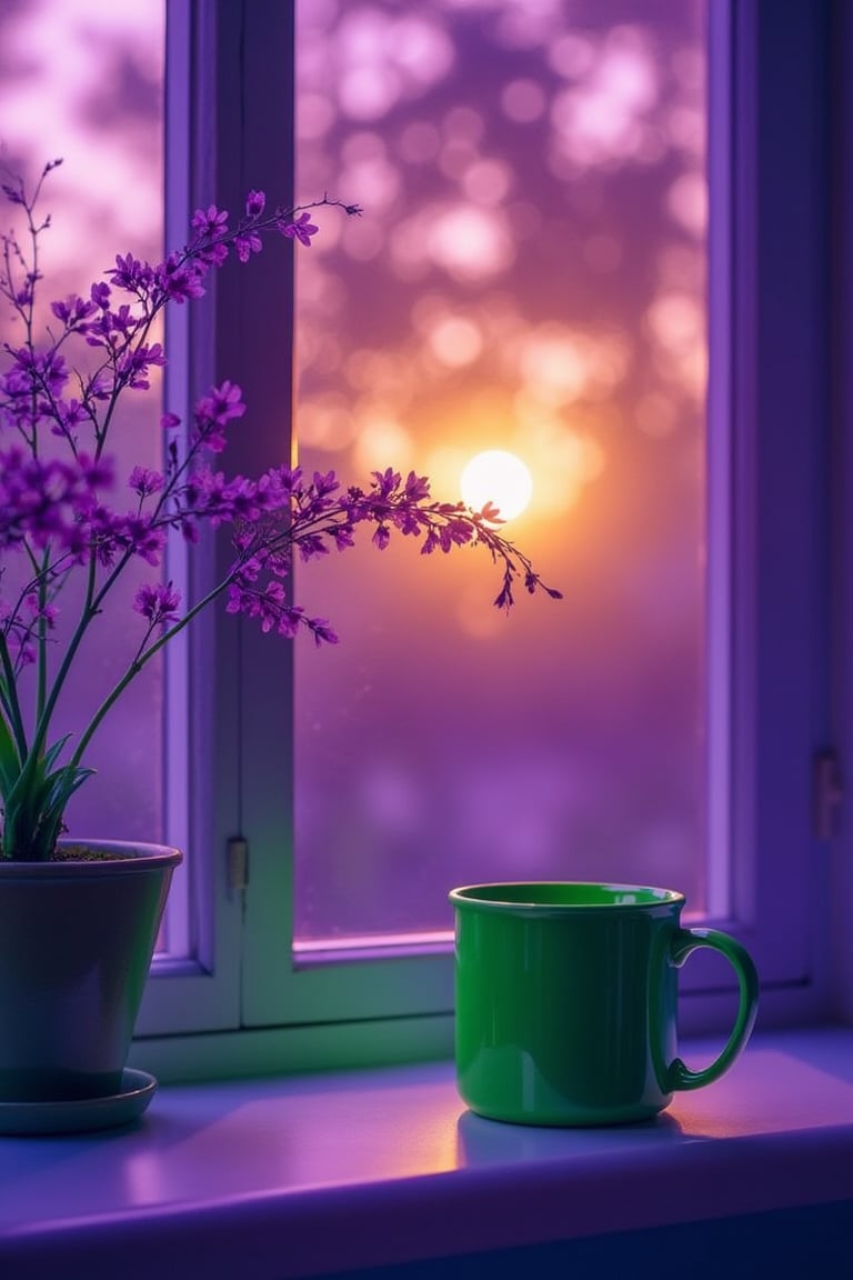 DSLR1.hanna-A tranquil scene by the window, featuring a vibrant green mug placed on a laptop. The entire image is bathed in purple and green hues only. The branches of a flowering plant, adorned with delicate purple flowers, extend towards the window. The setting sun outside emits a gentle glow, blending harmoniously with the surrounding atmosphere. The lighting and bokeh effect are in purple tones, while the mug contrasts beautifully with its vivid green color, giving a stunning, otherworldly effect. The overall mood is cozy, with a soft, ethereal ambiance, where green and purple are the only colors represented.