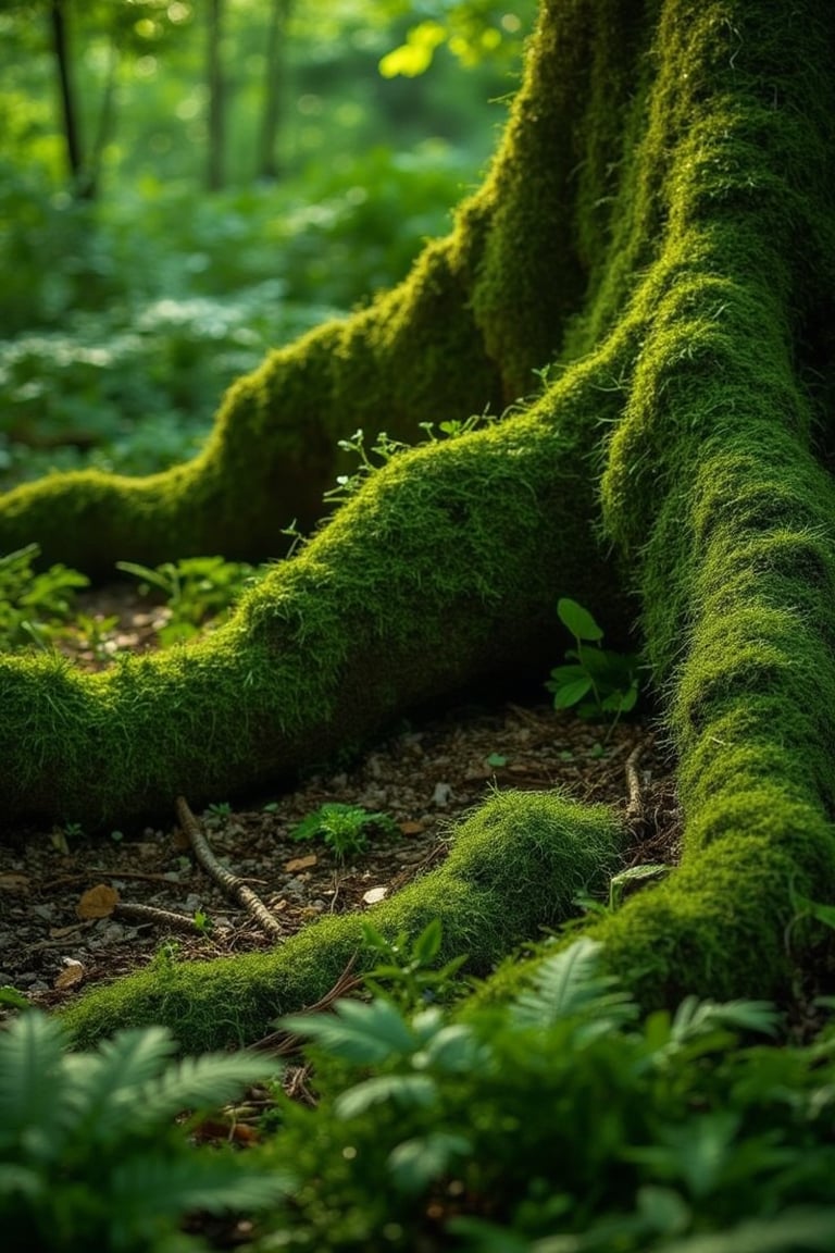 DSLR1.hanna-A serene close-up of a forest scene, focusing on the moss-covered roots of an ancient tree intertwined with the earth. Ferns and other wild undergrowth surround the roots, creating a natural tapestry of textures in deep greens and earthy browns. Soft, diffused light filters through the dense canopy above, casting subtle highlights over the moss and foliage. The composition emphasizes the organic shapes of the roots, blending seamlessly with the surrounding vegetation. The atmosphere feels tranquil and untouched, evoking the quiet stillness of a hidden forest glade.