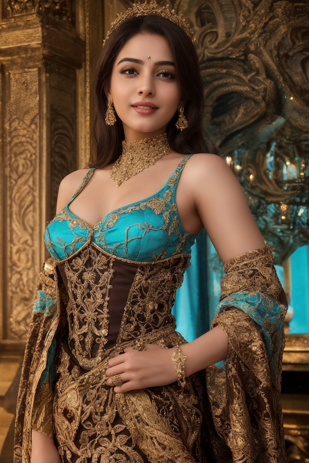 A stunning Indian woman,  28 years young,  posed in a vibrant turquoise palace with ornate rococo fixtures and exquisite d...