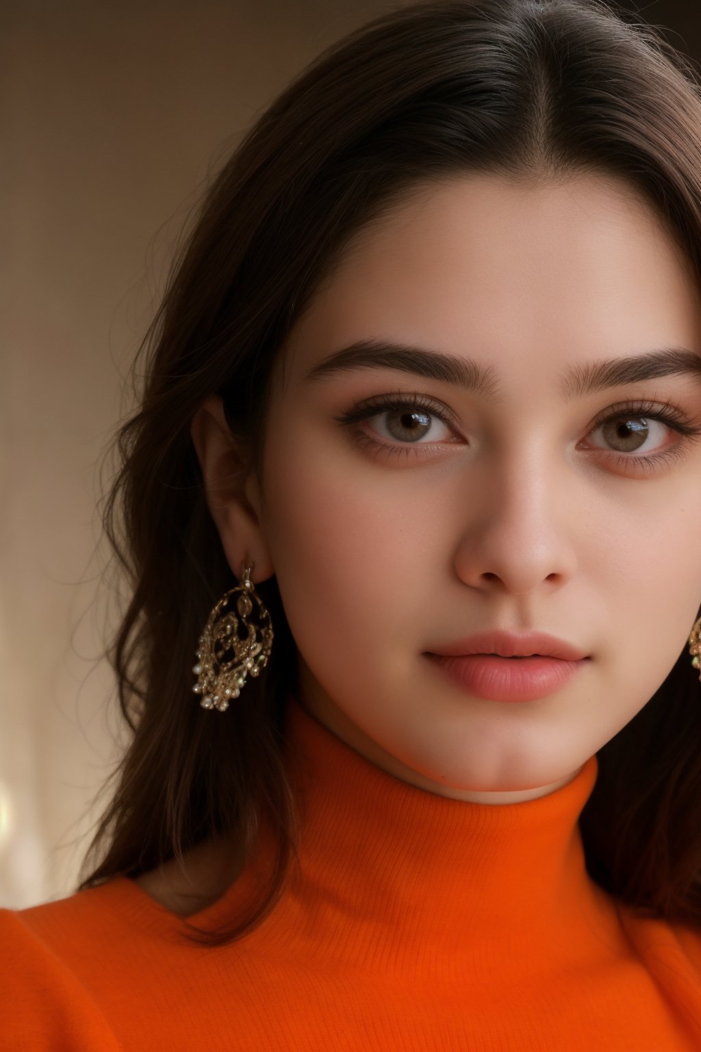 A portrait of a stunning young woman with a beautiful face, adorned with delicate earrings, gazes directly at the camera. She wears an orange turtleneck sweater that reaches up to her chin, framing her features. Her short, dark hair is styled simply, and she has a small pimple on her cheek. The scene is set against a plain, uncluttered background, allowing her captivating face to take center stage.