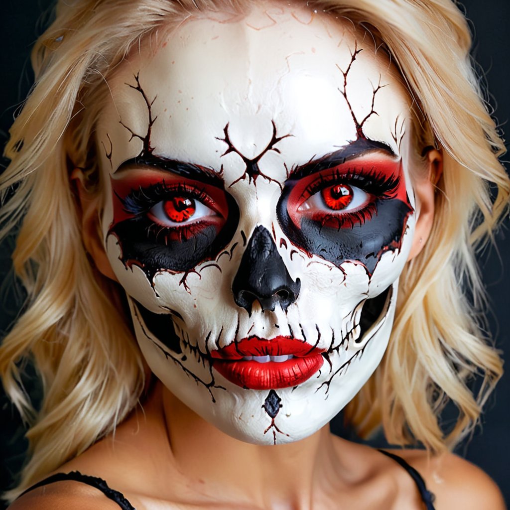 full body, beautiful woman, blond hair, red eyes, pretty face with some freckles, realistic, big false eyelashes, natural color mouth, skull pieces sample, epoxy_skull