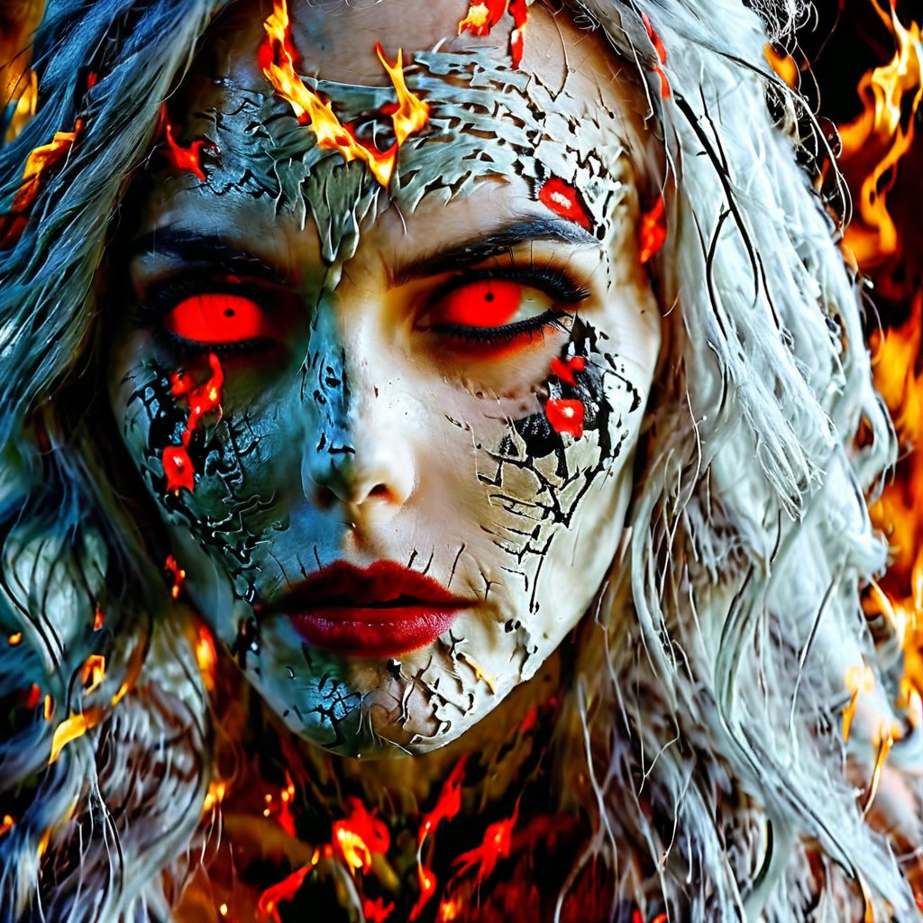 Beautiful barbaric woman walking towards the camera, skeleton body, long messy silver hair, red eyes, angry expression, evil and wicked smile, large aura of golden anger, parts of her bones showing on her body